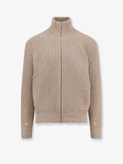 Mm6 Maison Margiela Wool Blend Cardigan With Distressed Effect In Neutral