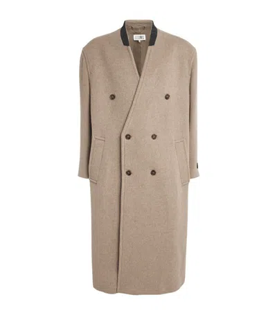 Mm6 Maison Margiela Numbers-appliqué Double-breasted Coat In Nude