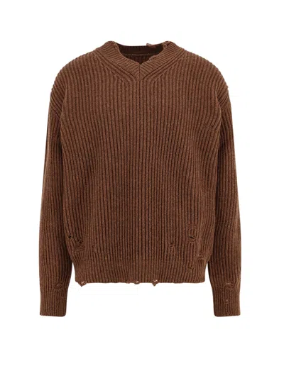 Mm6 Maison Margiela Wool Blend Sweater With Distressed Effect In Brown