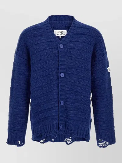Mm6 Maison Margiela Wool Cardigan Distressed Hem Ribbed Texture In Blue