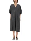 Mm6 Maison Margiela V-neckline Midi Dress Asymmetric Seam In Gray