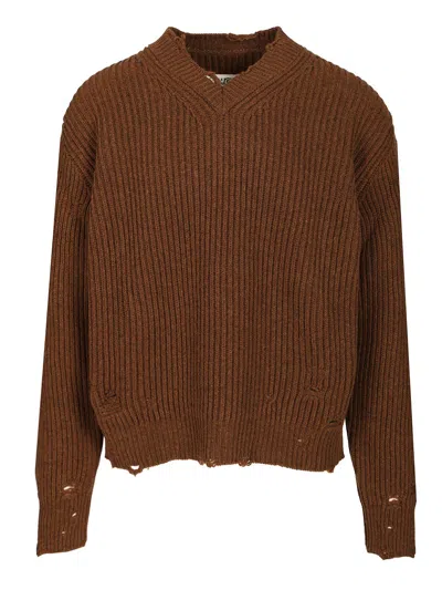 Mm6 Maison Margiela Mm6 V-neck Sweater Brown Melange