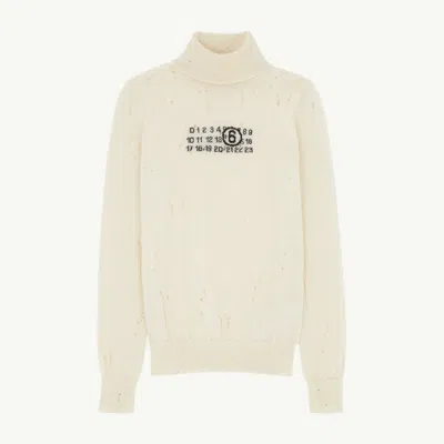 Mm6 Maison Margiela Distressed Crewneck Knitwear With Ribbed Finish In White