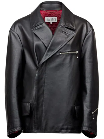 Mm6 Maison Margiela Black Double-breasted Leather Jacket