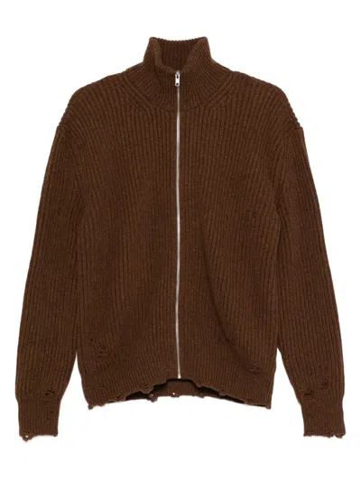 Mm6 Maison Margiela Zip-front Frayed Cardigan In Brown