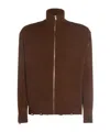 Mm6 Maison Margiela High Neck Ribbed Crewneck Sweater With Distressed Elbow Patches In Brown