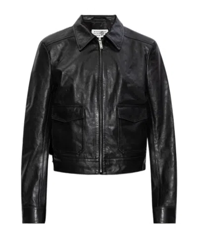 Mm6 Maison Margiela Zippered Leather Jacket In Black