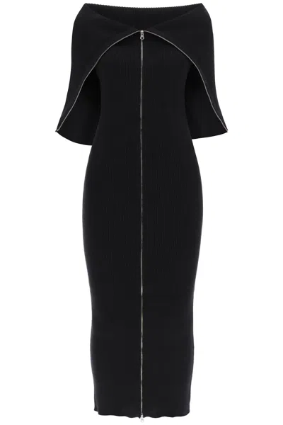 Mm6 Maison Margiela Zip-up Ribbed-knit Midi Dress In 黑色的