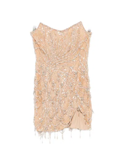 M.marquise Beaded Fringe Mini Dress In Brown