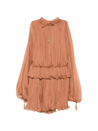 M.marquise Diana Ruffled Pleated Mini Dress In Brown