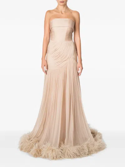 M.marquise Feather-trim Ruched Maxi Dress In Multi