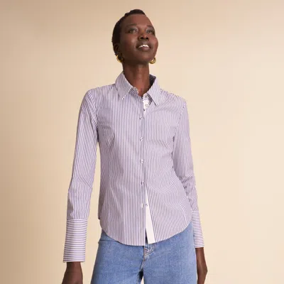 M.m.lafleur Dale Tailored Top - Striped Poplin In Ivory/dark Blue