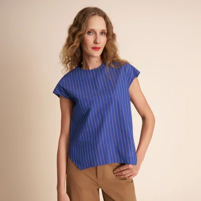 M.m.lafleur Didion Drape Top - Double Stripe Poplin In Dark Cobalt