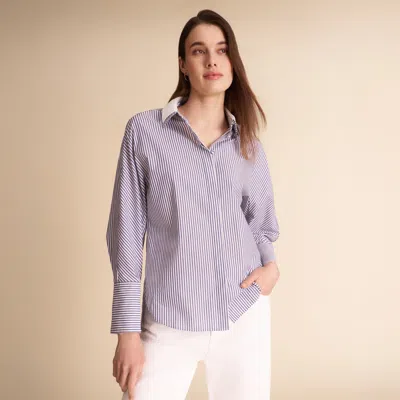 M.m.lafleur Virginia Double Collar Shirt - Striped Poplin In Ivory/dark Blue