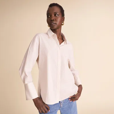 M.m.lafleur Virginia Double Collar Shirt - Striped Poplin In Ivory/tan