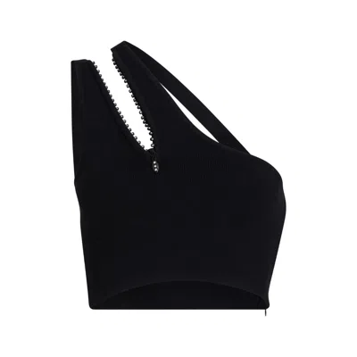 Mnk Atelier Women's Diamantine Zip Silk Blend Knitted One Shoulder Crop Top - Black