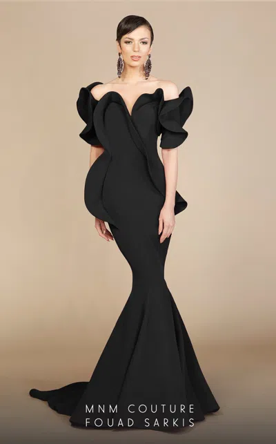 Mnm Couture 2328 Long Mermaid Peplum Formal Evening Dress In Black