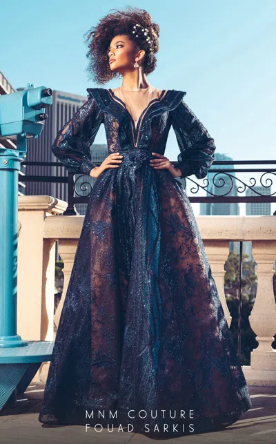 Mnm Couture 2522 A Line Long Sleevepleated Floral Applique Formal Dress In Blue