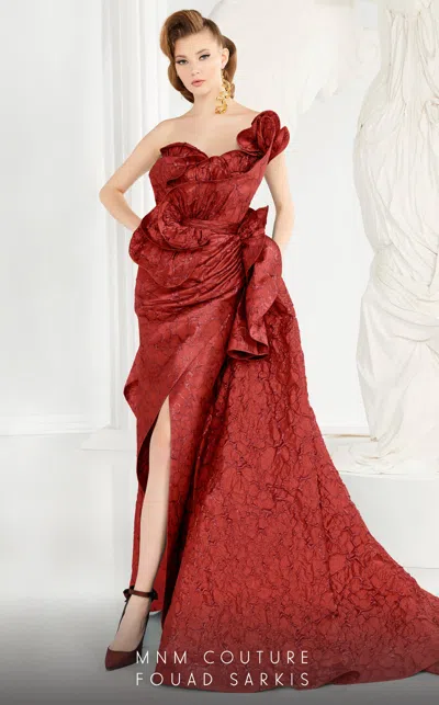 Mnm Couture 2567 Long Formal Rosette Folded Metallic Evening Prom Dress In Red