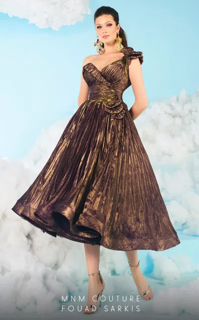 Mnm Couture 2617 Beaded Formal A Line Metallic Tea Length Dress In Brown