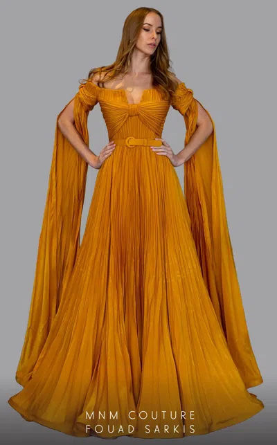 Mnm Couture 2694 Pleated A Line Long Formal Evening Dress In Orange
