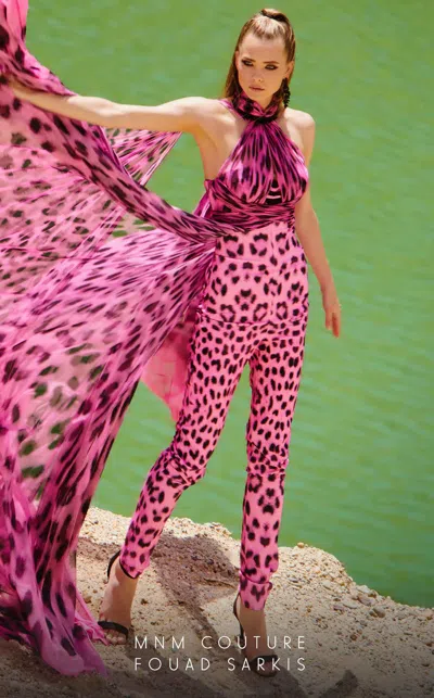 Mnm Couture 2750 Fitted Long Overskirt Printed Formal Jumpsuit In Pink