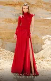 Mnm Couture 2764 A Line Ruched Metallic Long Slit Formal Evening Dress In Red