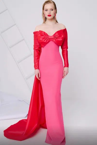 Mnm Couture Bow Bodice Gown With Watteau Train In Pink