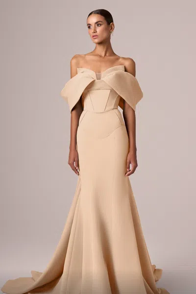 Mnm Couture Draped Off-the-shoulder Flared Gown In Beige