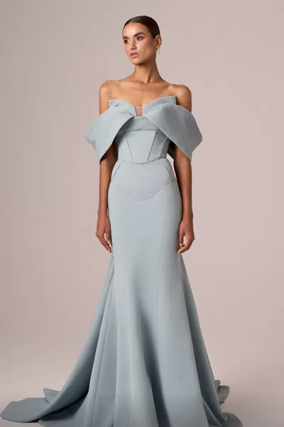 Mnm Couture Draped Off-the-shoulder Gown In Blue