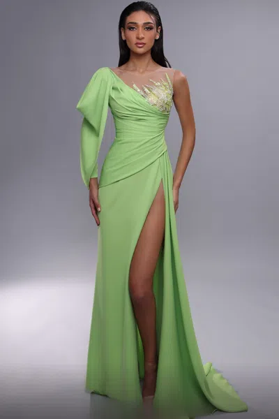 Mnm Couture Draped One Shoulder Illusion Gown In Green