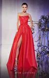 Mnm Couture E0031 Long Slit A Line Pleated Formal Evening Dress In Red