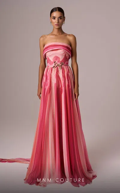 Mnm Couture E0079 Long A Line Prom Printed Formal Dress In Pink