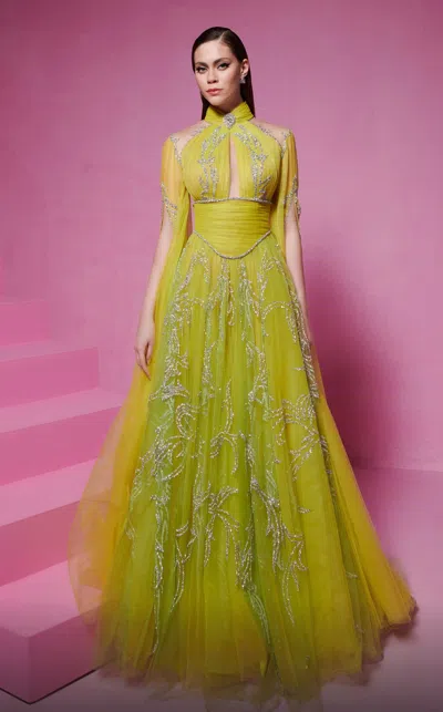 Mnm Couture Embellished A-line Gown With Slit Sleeves In Multi