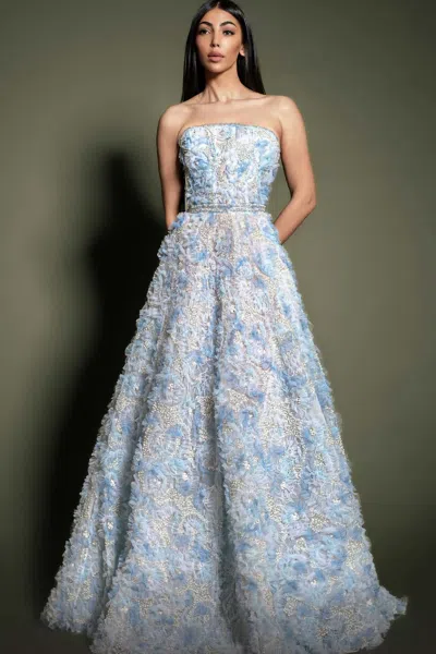 Mnm Couture Embellished A-line Strapless Gown In Blue