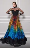 Mnm Couture F02825 Long Sleeve Formal Printed A Line Evening Dress In Black