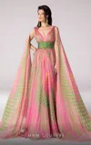 Mnm Couture F02828 Long Formal A Line Cape Sleeve Printed Evening Dress In Pink