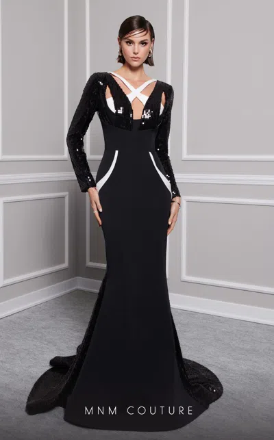 Mnm Couture F02834 Long Sleeve Formal Sequin Evening Dress In Black