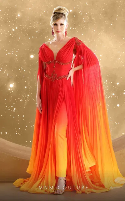 Mnm Couture F02847 Pleated Long Formal Cape Sleeve Ombre Dress In Multi
