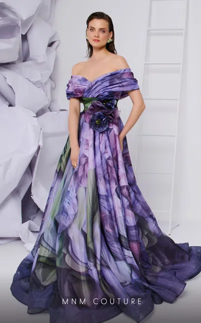 Mnm Couture F02855 A Line Pleated Long Formal Printed Evening Dress In Purple