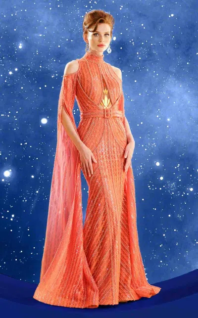 Mnm Couture F02857 Beaded Long Formal Sequin Evening Dress In Orange