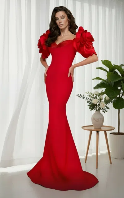 Mnm Couture F02886 Fitted Long Formal 3d Floral Appliques Evening Dress In Red