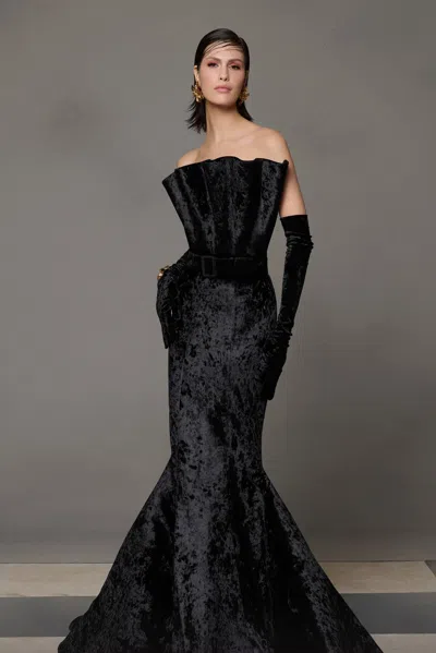 Mnm Couture Flared Strapless Gown With Train In Black