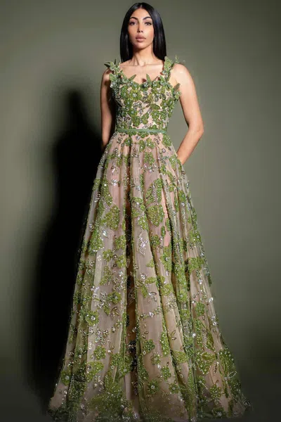 Mnm Couture Floral Embellished A-line Sleeveless Gown In Green
