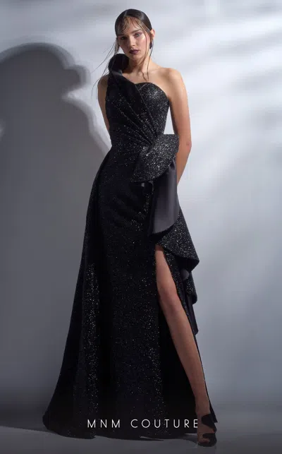 Mnm Couture G1261 A Line Long Formal Pleated Peplum Ruffle Evening Dress In Black