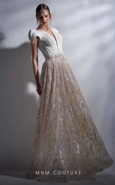 Mnm Couture G1272 A Line Long Formal Beaded Sequin Evening Dress In White