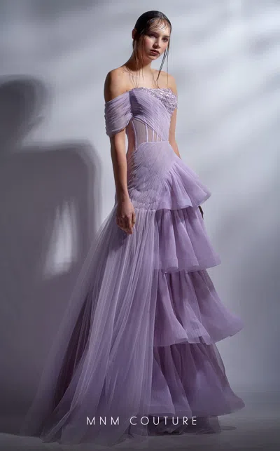 Mnm Couture G1282 A Line Formal Long Beaded Corset Ruffle Prom Dress In Purple