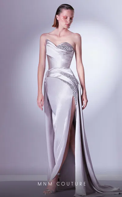 Mnm Couture G1336 Beaded Slit Long Formal Corset Prom Dress In Silver