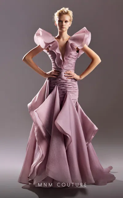 Mnm Couture G1504 Fitted Ruched Long Ruffle Formal Evening Dress In Pink
