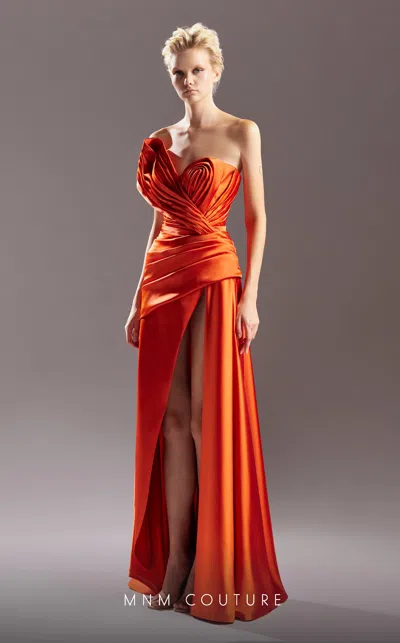 Mnm Couture G1511 Long A Line Pleated Formal Dress In Orange